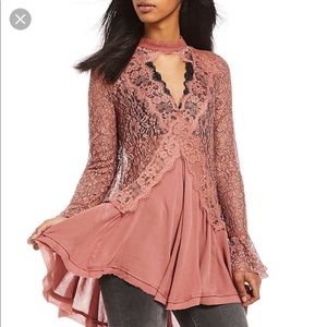 NWT Free People Tell Tale Lace Secret‎ Origins Long Sleeve Tunic Dress Coquette
